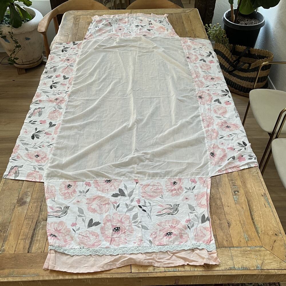 Levtex Baby Crib Skirt Pink Floral & Birds Motif White Lace Trim